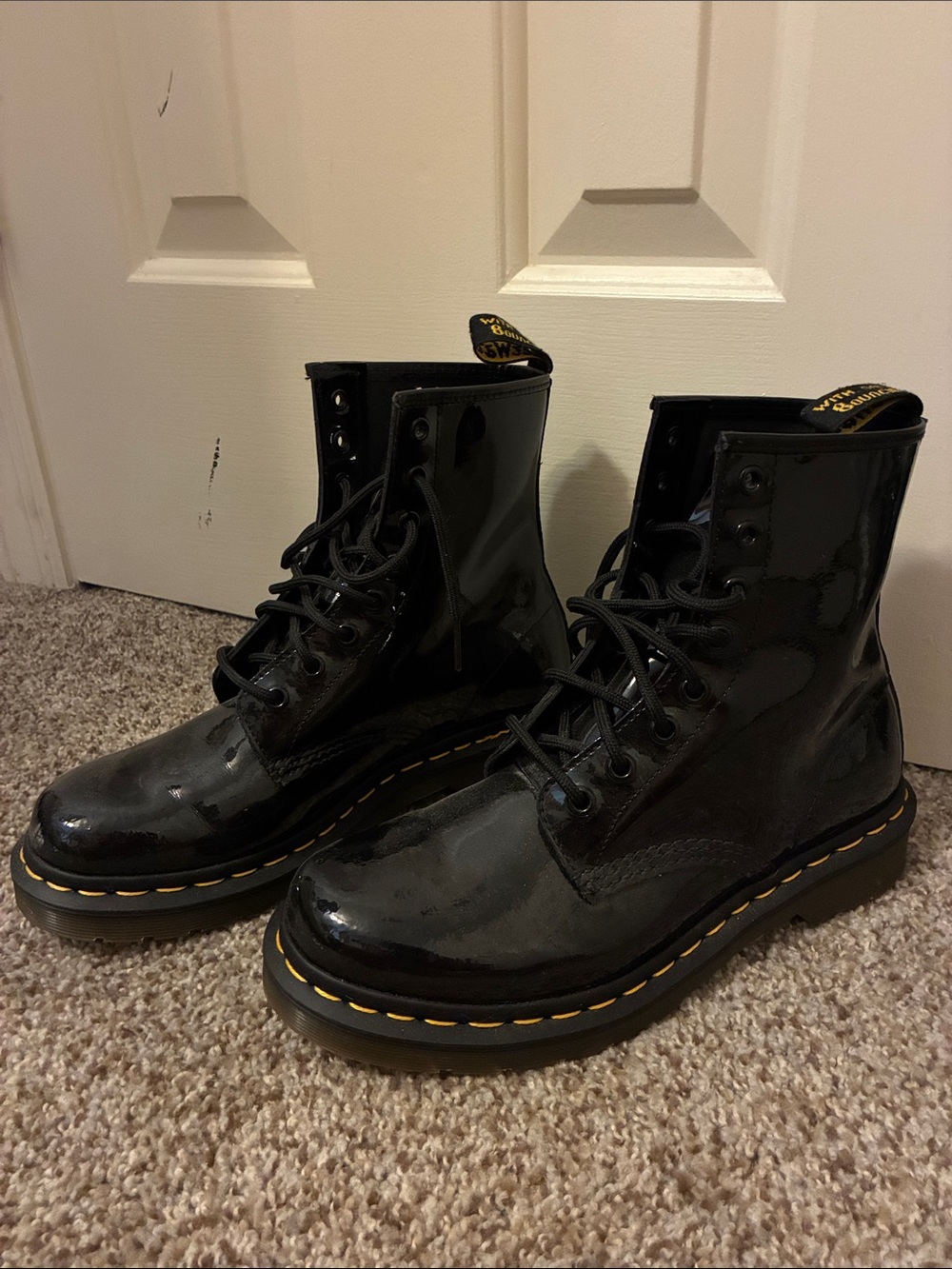 Dr. Martens Black Patent Lace-Up Combat Boots with Yellow Stitching